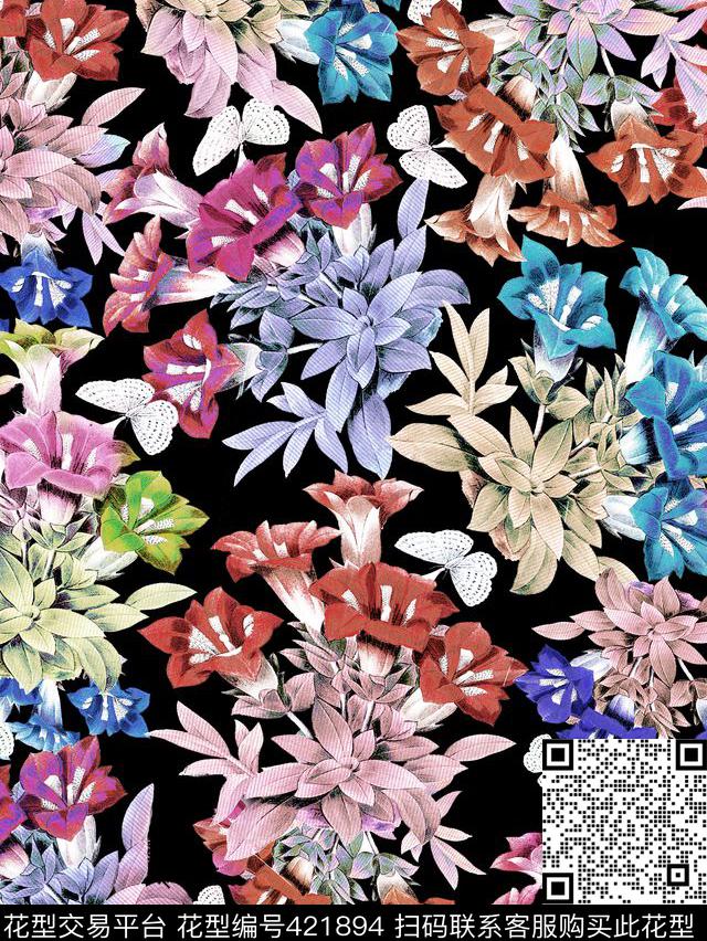 多彩黑底花卉数码印花华亿平台下载（图片编号: 421894） - 瓦栏（Walan）