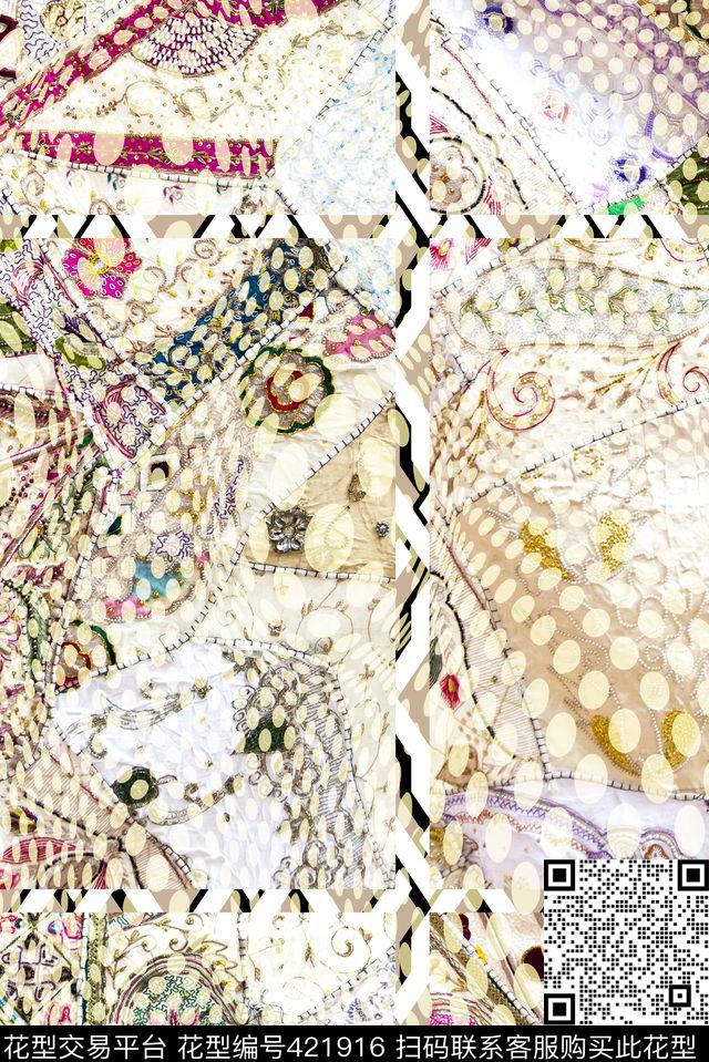 拼贴绣花波点数码印花华亿平台下载（图片编号: 421916） - 瓦栏（Walan）