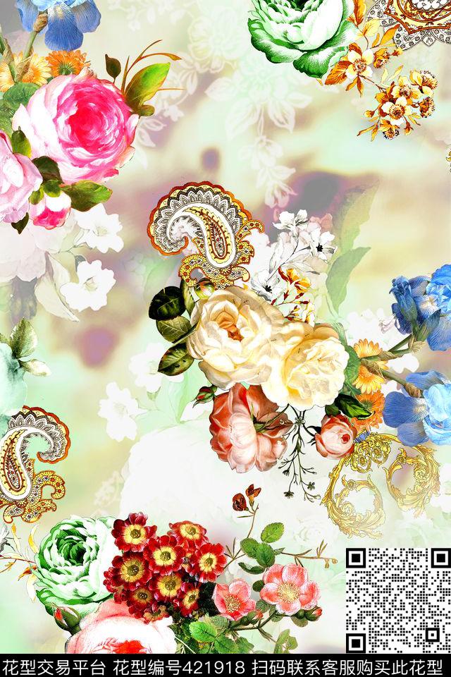 时尚花卉卷草数码印花华亿平台下载（图片编号: 421918） - 瓦栏（Walan）