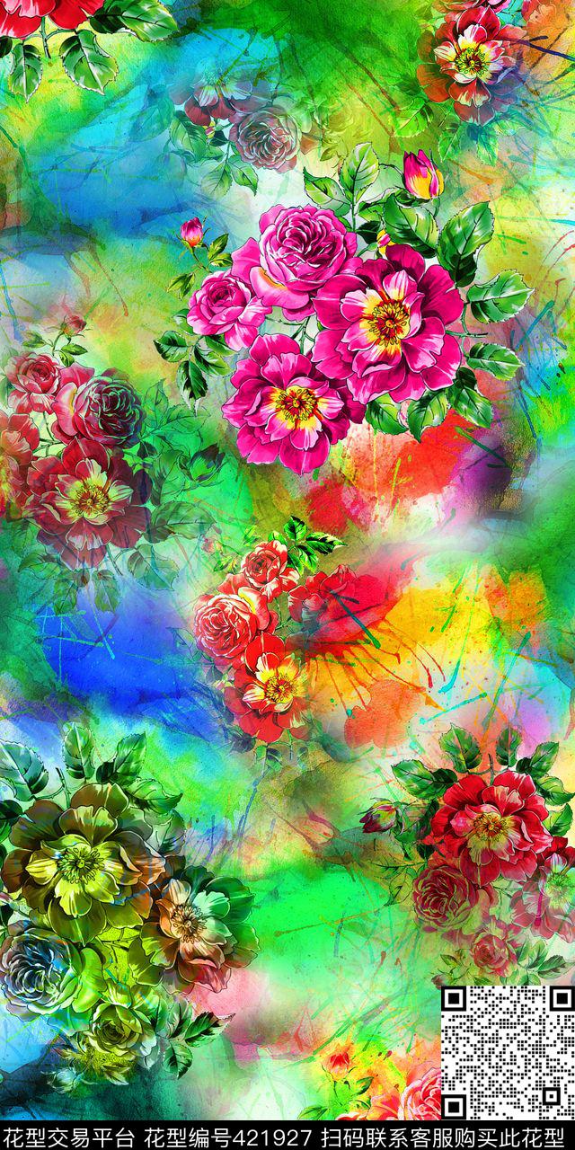 花手绘花炫彩数码印花华亿平台下载（图片编号: 421927） - 瓦栏（Walan）