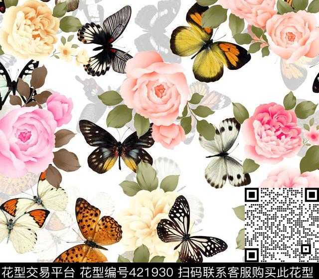 蝴蝶牡丹花文雅数码印花华亿平台下载（图片编号: 421930） - 瓦栏（Walan）