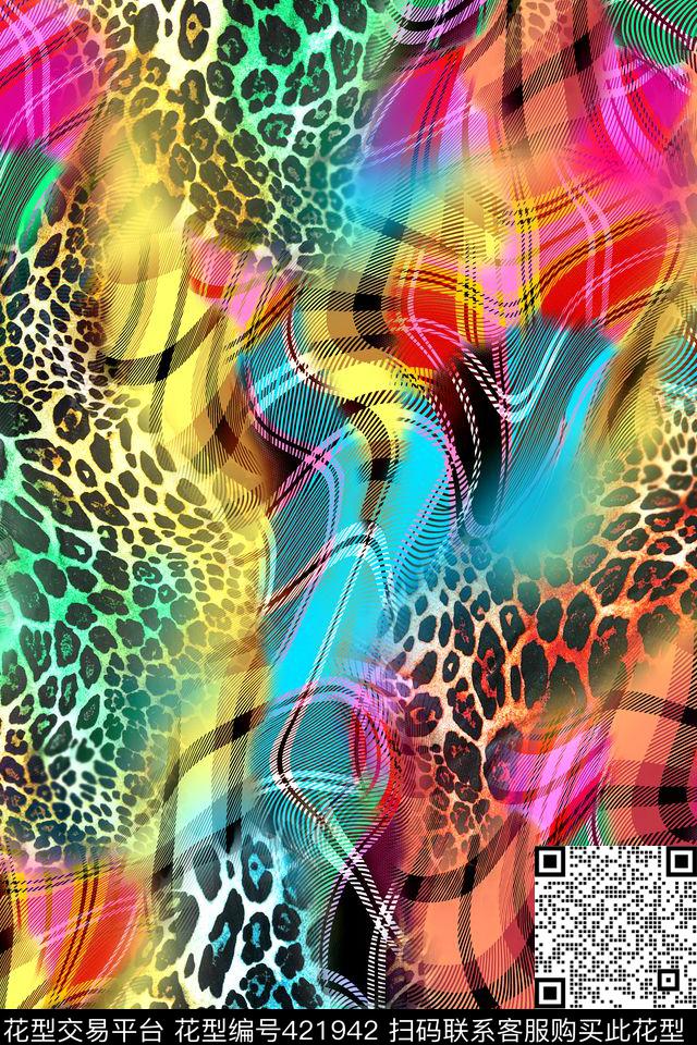 抽象几何格子豹纹数码印花华亿平台下载（图片编号: 421942） - 瓦栏（Walan）