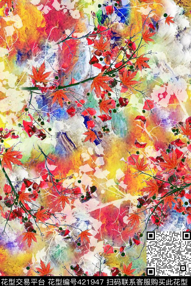 红枫叶抽象花卉花卉数码印花华亿平台下载（图片编号: 421947） - 瓦栏（Walan）