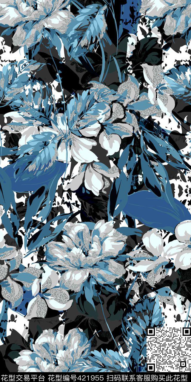 肌理服装青花花卉数码传统印花华亿平台下载（图片编号: 421955） - 瓦栏（Walan）