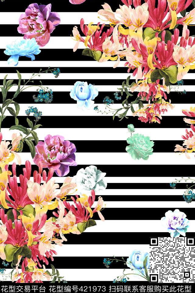 横条花卉叶子数码印花华亿平台下载（图片编号: 421973） - 瓦栏（Walan）