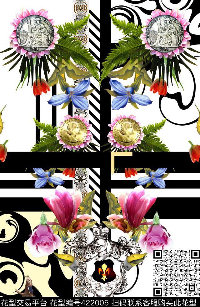 欧式花卉格子数码印花华亿平台下载（图片编号: 422005） - 瓦栏（Walan）
