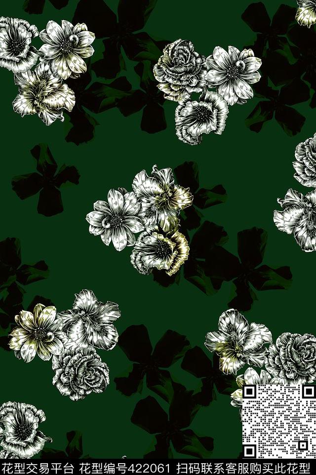 简单黑白线描花朵数码印花华亿平台下载（图片编号: 422061） - 瓦栏（Walan）