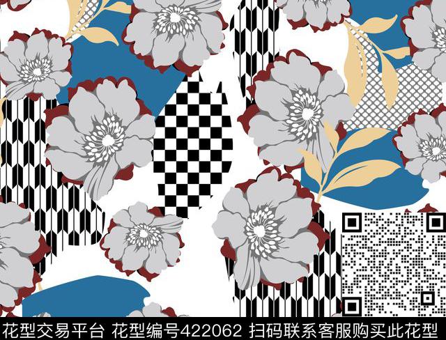 大花朵黑白几何花卉传统印花华亿平台下载（图片编号: 422062） - 瓦栏（Walan）