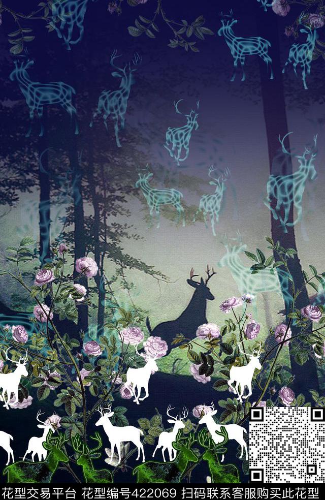 鹿动物数码印花数码印花华亿平台下载（图片编号: 422069） - 瓦栏（Walan）