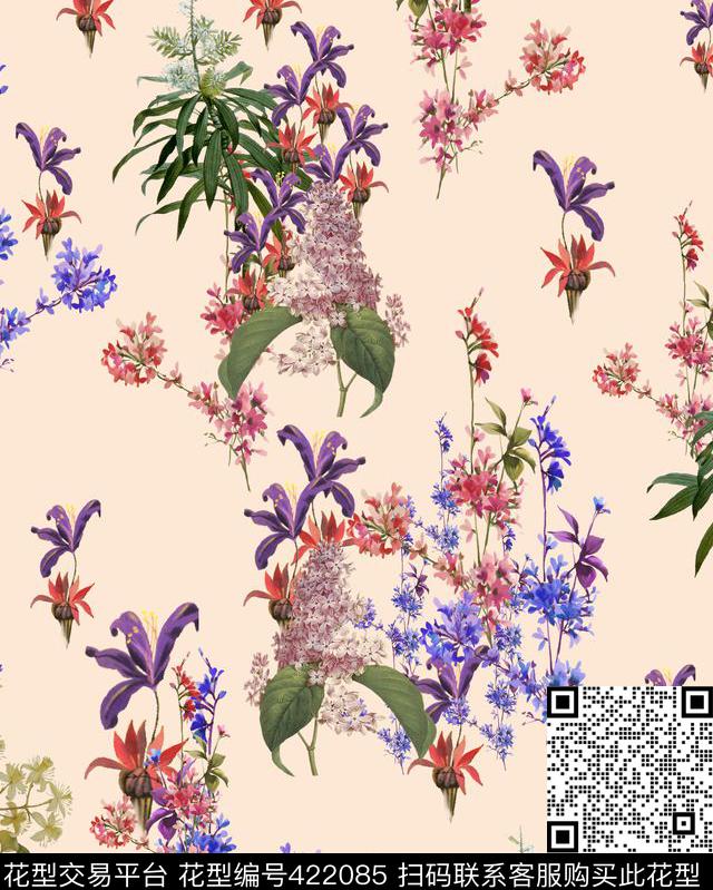 田园风花卉叶子花卉数码印花华亿平台下载（图片编号: 422085） - 瓦栏（Walan）