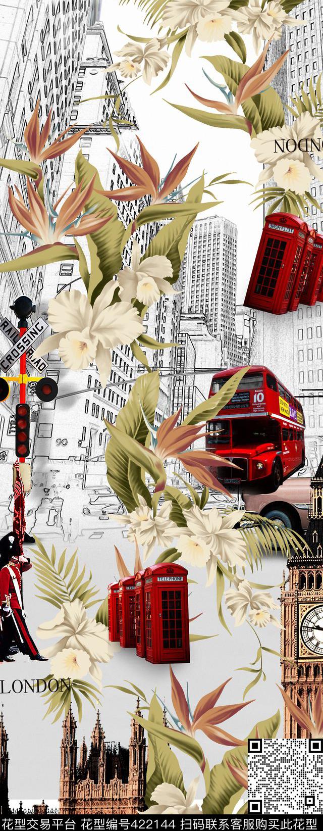 建筑手绘花卉英伦风数码印花华亿平台下载（图片编号: 422144） - 瓦栏（Walan）