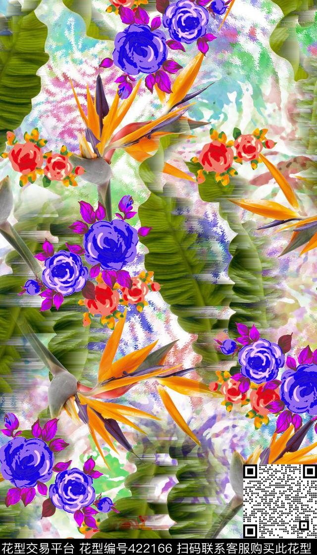 彩色花卉天堂鸟热带树叶数码印花华亿平台下载（图片编号: 422166） - 瓦栏（Walan）