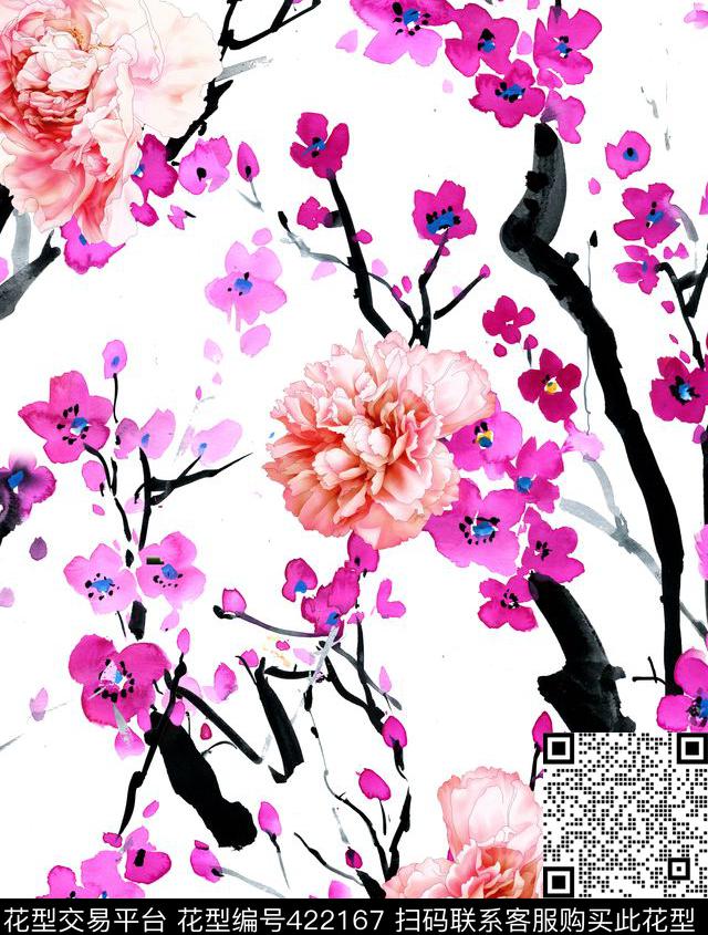 手绘牡丹水墨桃花数码印花华亿平台下载（图片编号: 422167） - 瓦栏（Walan）