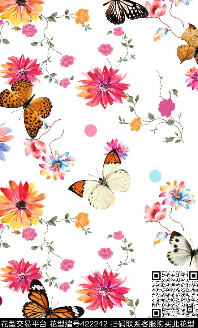 蝴蝶花卉手绘花数码印花华亿平台下载（图片编号: 422242） - 瓦栏（Walan）