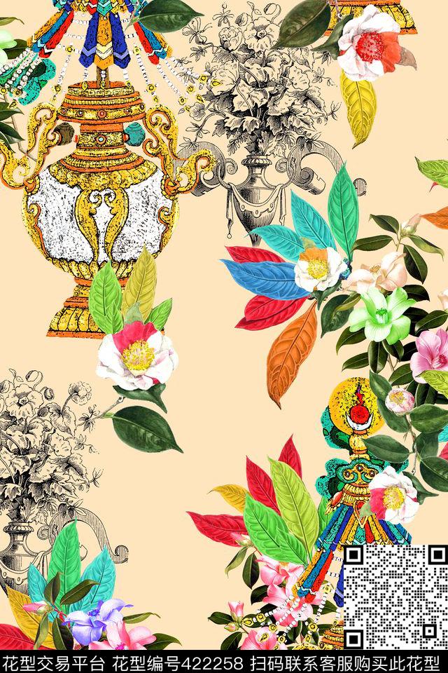 时尚花卉花瓶数码印花华亿平台下载（图片编号: 422258） - 瓦栏（Walan）