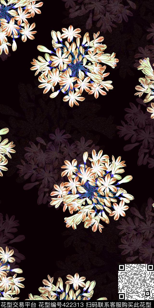 时尚花圆形花手绘数码印花华亿平台下载（图片编号: 422313） - 瓦栏（Walan）