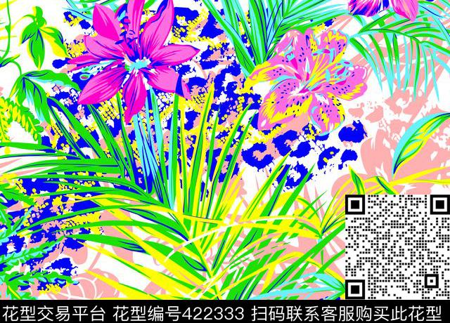 花花世界豹纹+叶子大花豹纹传统印花华亿平台下载（图片编号: 422333） - 瓦栏（Walan）