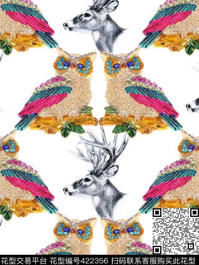 趣味猫头鹰鹿数码印花华亿平台下载（图片编号: 422356） - 瓦栏（Walan）