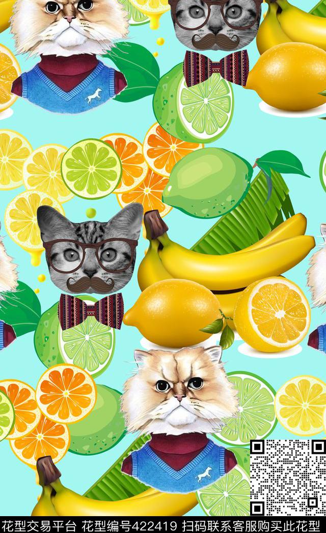 趣味水果猫数码印花华亿平台下载（图片编号: 422419） - 瓦栏（Walan）