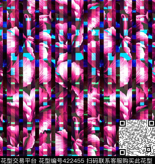 大花大叶片竖条条格几何错位叠加立体未来感前卫科技感数码印花华亿平台下载（图片编号: 422455） - 瓦栏（Walan）