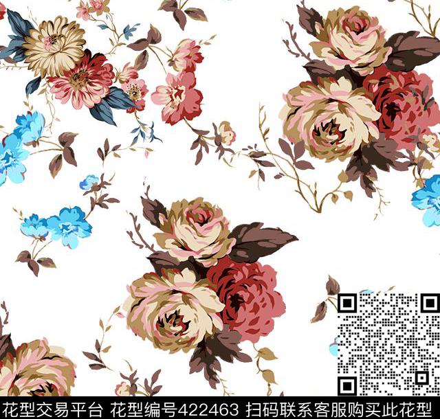 复古花卉手绘数码印花华亿平台下载（图片编号: 422463） - 瓦栏（Walan）