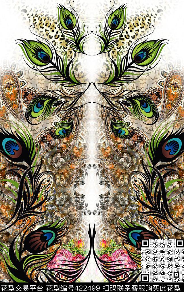 对称女装羽毛花卉传统印花华亿平台下载（图片编号: 422499） - 瓦栏（Walan）