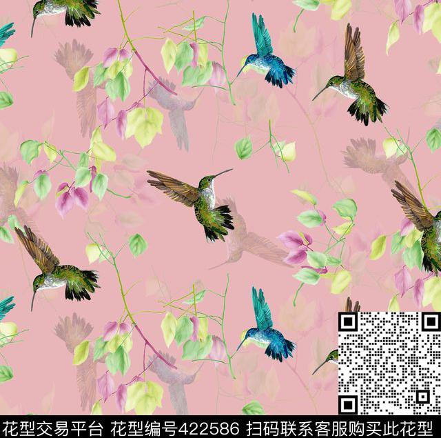 时尚简约蜂鸟花卉数码印花华亿平台下载（图片编号: 422586） - 瓦栏（Walan）