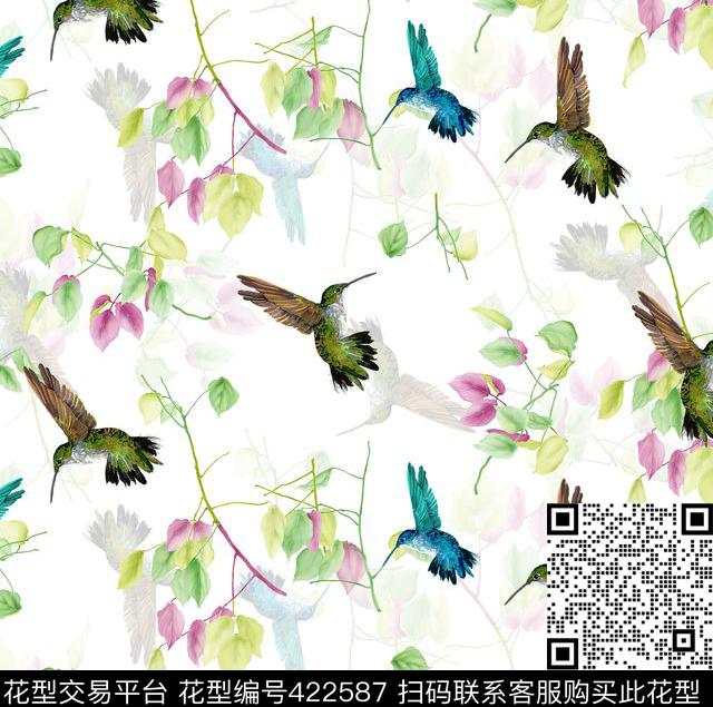时尚简约蜂鸟花卉数码印花华亿平台下载（图片编号: 422587） - 瓦栏（Walan）