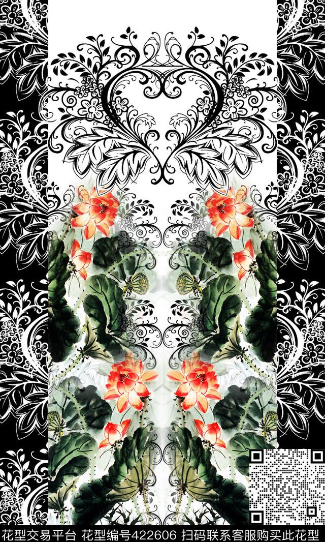 对称华亿平台花卉荷花传统印花华亿平台下载（图片编号: 422606） - 瓦栏（Walan）