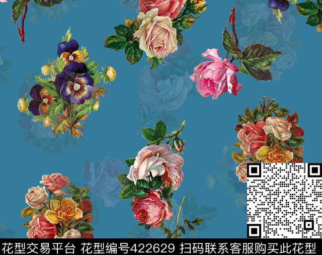 复古花卉花束数码印花华亿平台下载（图片编号: 422629） - 瓦栏（Walan）