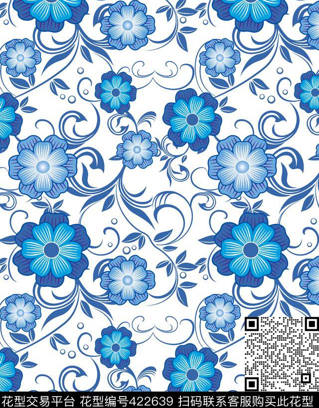 蓝花花卉手绘花卉蓝色系列传统印花华亿平台下载（图片编号: 422639） - 瓦栏（Walan）