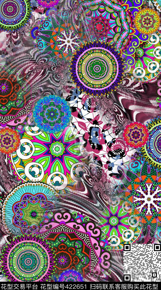 圆形民族图案抽象数码印花华亿平台下载（图片编号: 422651） - 瓦栏（Walan）