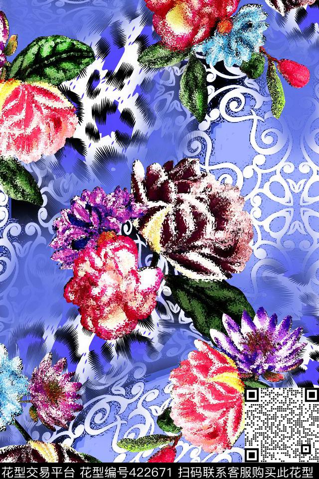 抽象花卉豹纹数码印花华亿平台下载（图片编号: 422671） - 瓦栏（Walan）