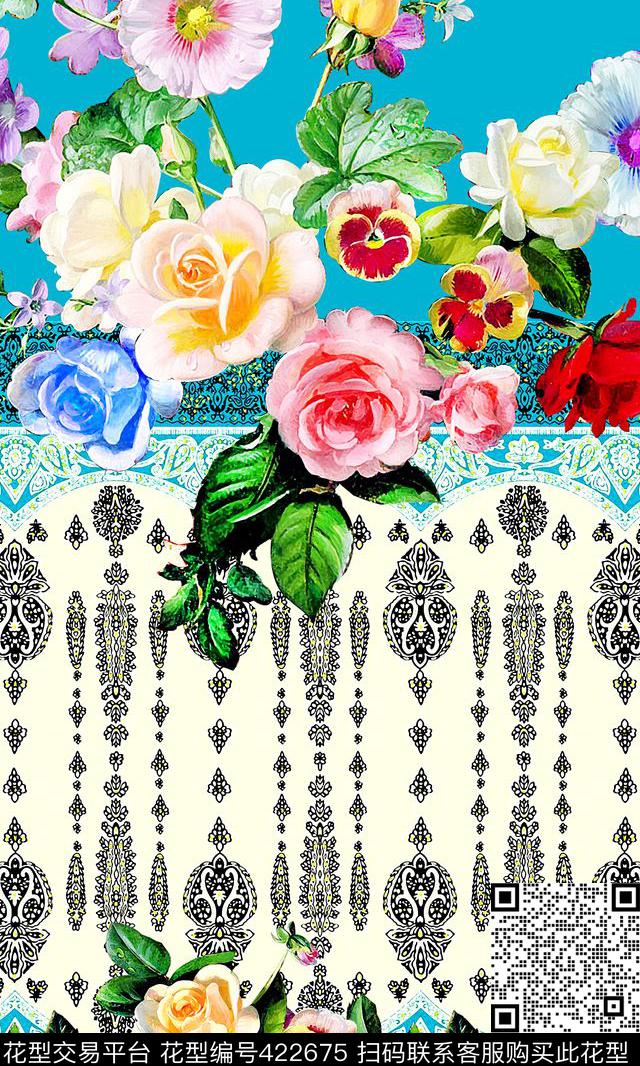 大牌花卉民族条纹数码印花华亿平台下载（图片编号: 422675） - 瓦栏（Walan）
