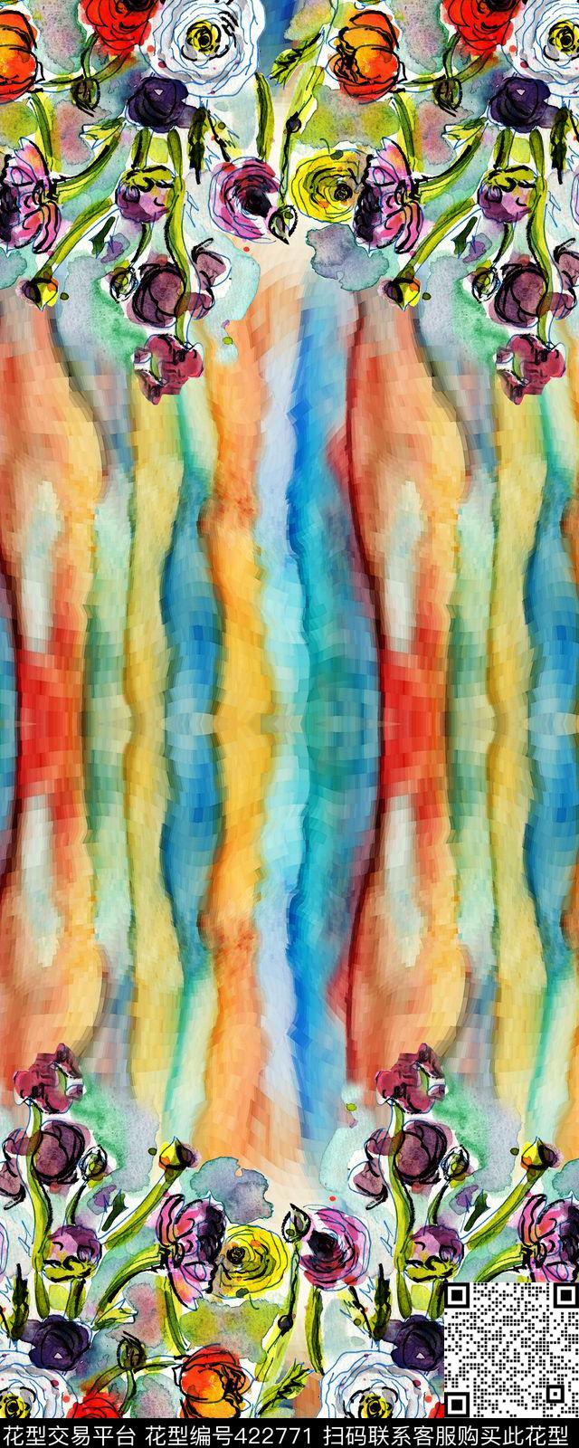 手绘水彩彩虹抽象条纹双边定位裙装数码印花华亿平台下载（图片编号: 422771） - 瓦栏（Walan）
