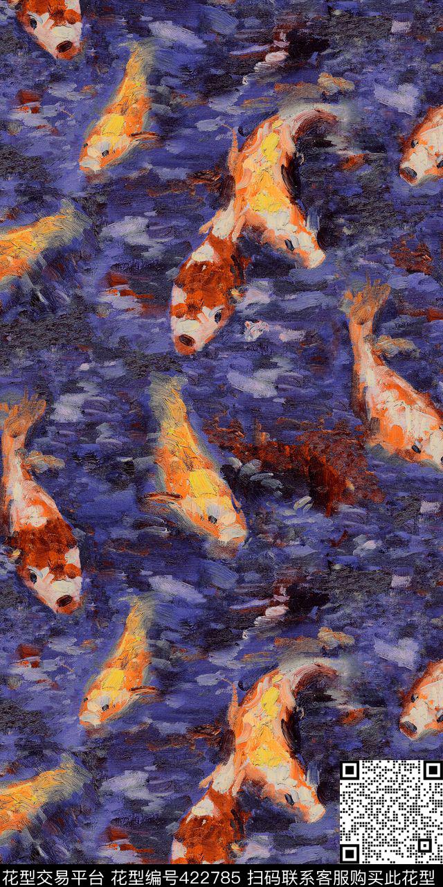 池塘金鱼水印油画中国风油画传统印花华亿平台下载（图片编号: 422785） - 瓦栏（Walan）