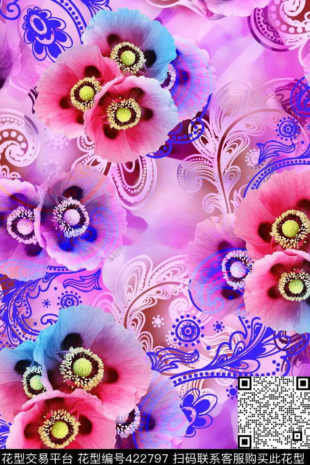 时尚大气炫彩花朵组合腰果数码印花华亿平台下载（图片编号: 422797） - 瓦栏（Walan）