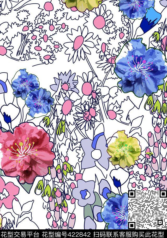 田园花卉线条传统印花华亿平台下载（图片编号: 422842） - 瓦栏（Walan）