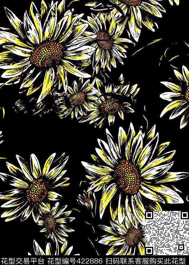 黑底向日葵花卉传统印花华亿平台下载（图片编号: 422886） - 瓦栏（Walan）