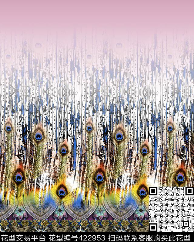 几何黑白孔雀羽毛抽象炫彩图案数码印花华亿平台下载（图片编号: 422953） - 瓦栏（Walan）