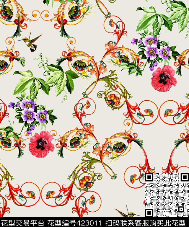 欧式花纹卷草数码印花华亿平台下载（图片编号: 423011） - 瓦栏（Walan）