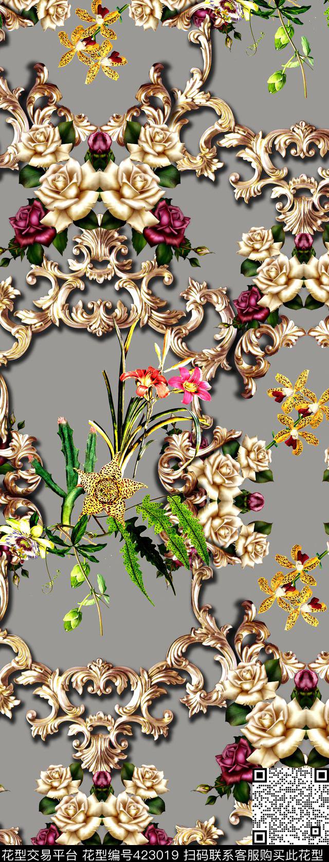 花纹卷草欧式数码印花华亿平台下载（图片编号: 423019） - 瓦栏（Walan）