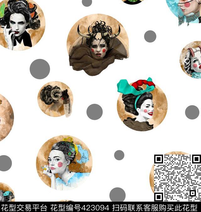 插画圆点时尚数码印花华亿平台下载（图片编号: 423094） - 瓦栏（Walan）