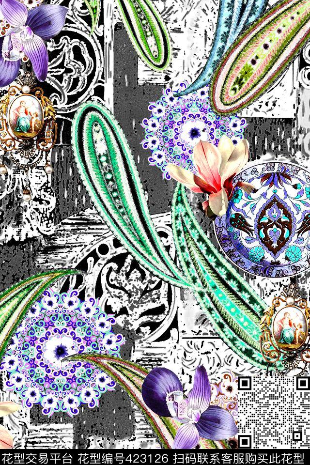 抽象卷草花纹数码印花华亿平台下载（图片编号: 423126） - 瓦栏（Walan）