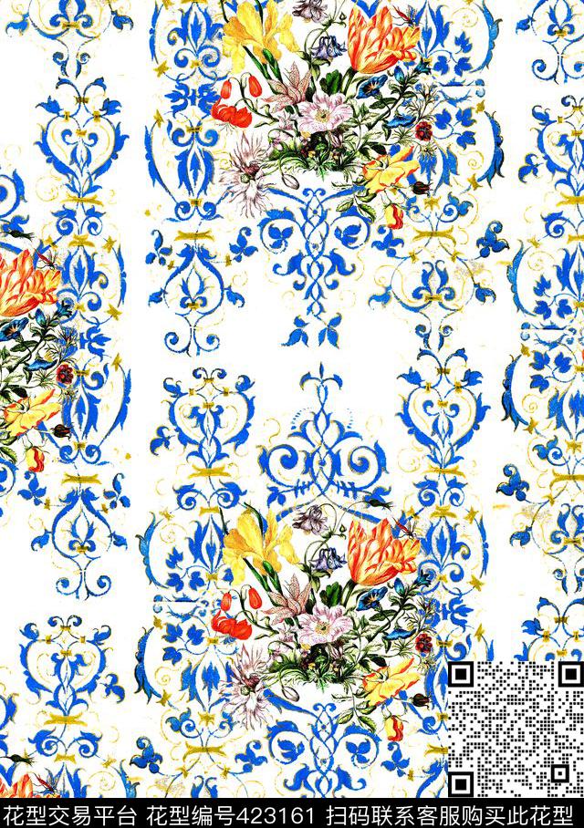 时尚青花瓷花卉数码印花华亿平台下载（图片编号: 423161） - 瓦栏（Walan）