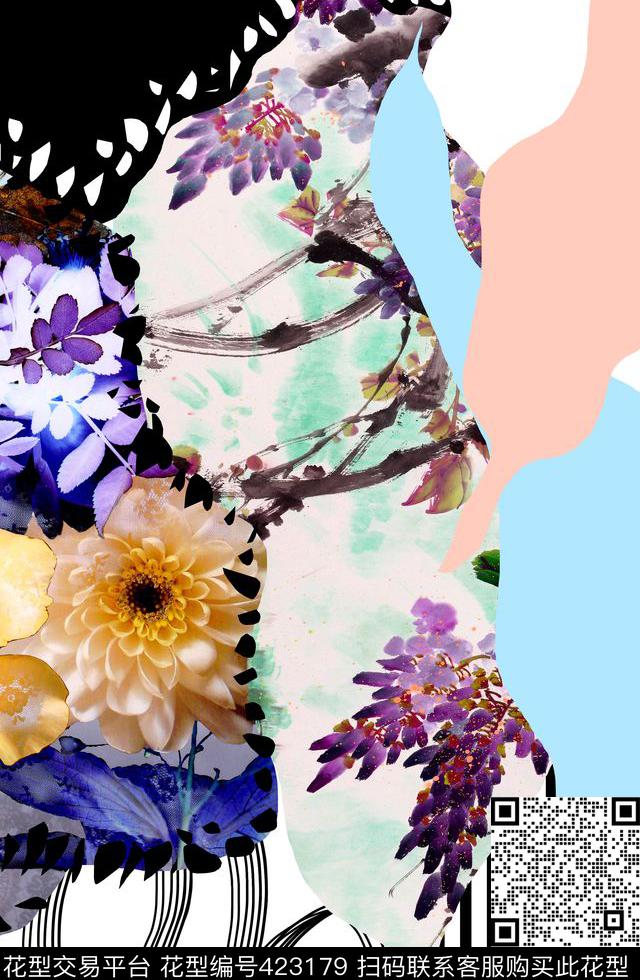 抽象花卉线条数码印花华亿平台下载（图片编号: 423179） - 瓦栏（Walan）