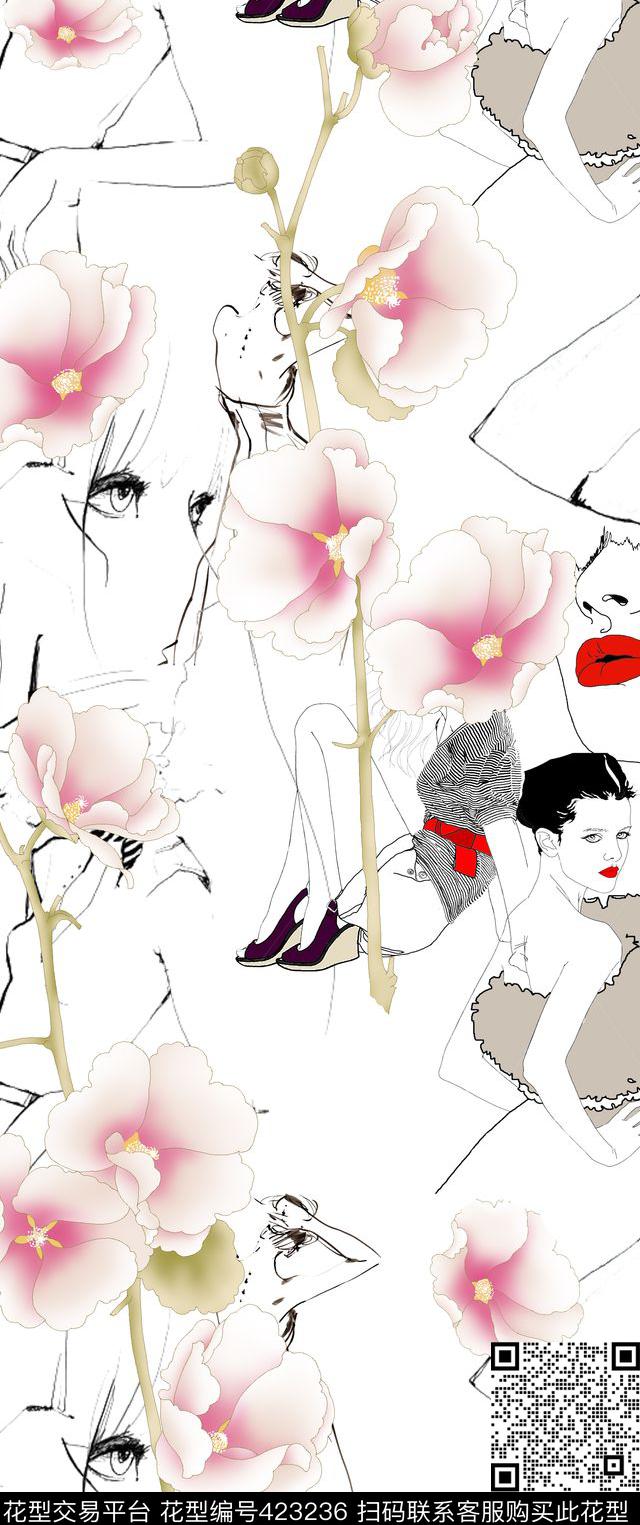 花卉时尚艺术线条数码印花华亿平台下载（图片编号: 423236） - 瓦栏（Walan）