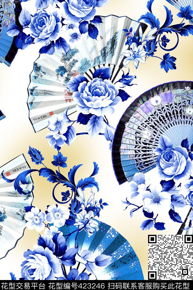 中国风青花瓷扇子数码印花华亿平台下载（图片编号: 423246） - 瓦栏（Walan）