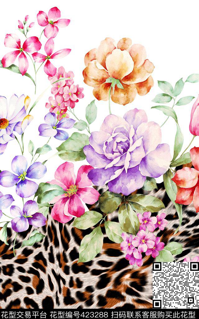 豹纹定位水彩花卉数码印花华亿平台下载（图片编号: 423288） - 瓦栏（Walan）