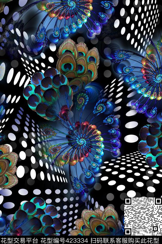 几何波点孔雀翎立体炫彩3D数码印花华亿平台下载（图片编号: 423334） - 瓦栏（Walan）